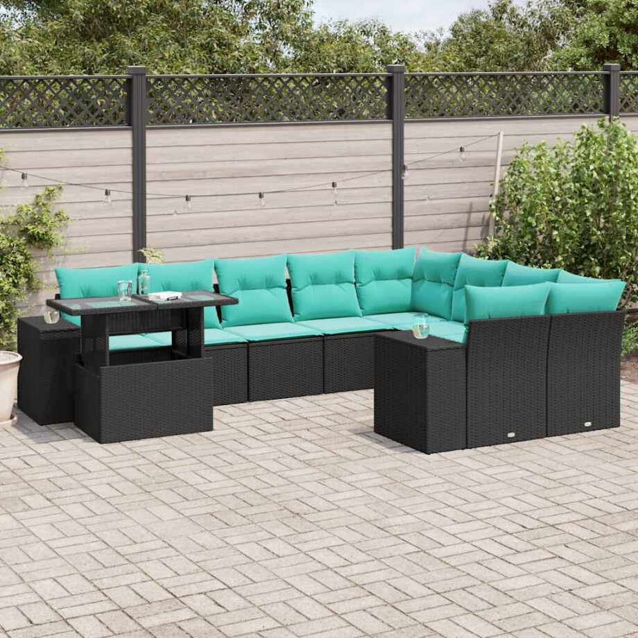 vidaXL 10-delige tuinbankset met kussens van zwart polyrotan afbeelding 1