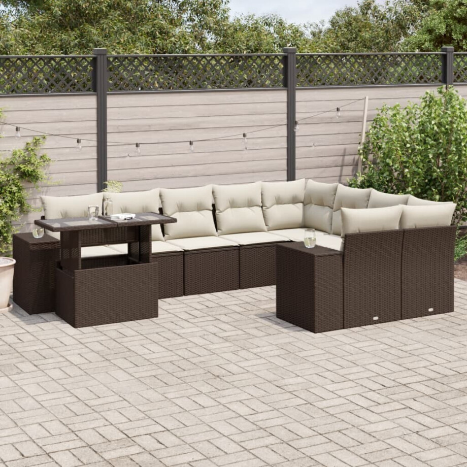 vidaXL 10-delige Loungeset met kussens poly rattan bruin afbeelding 1