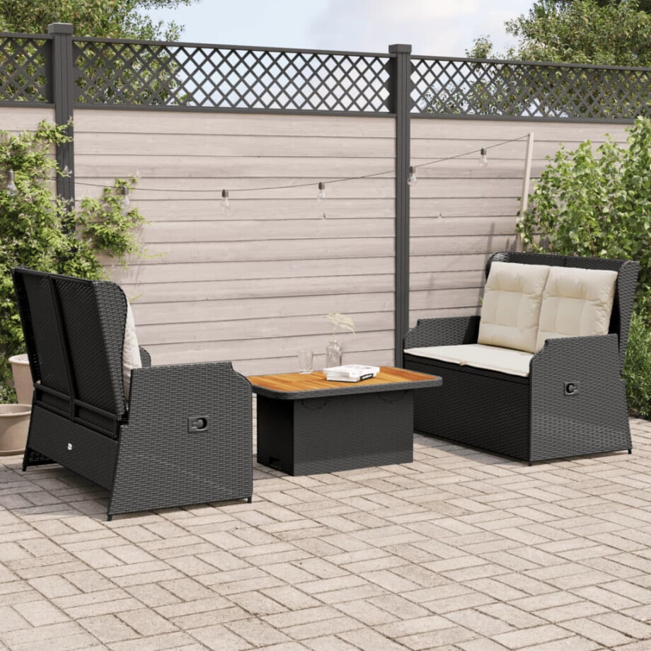 vidaXL 3-delige Loungeset met kussens poly rattan zwart afbeelding 1