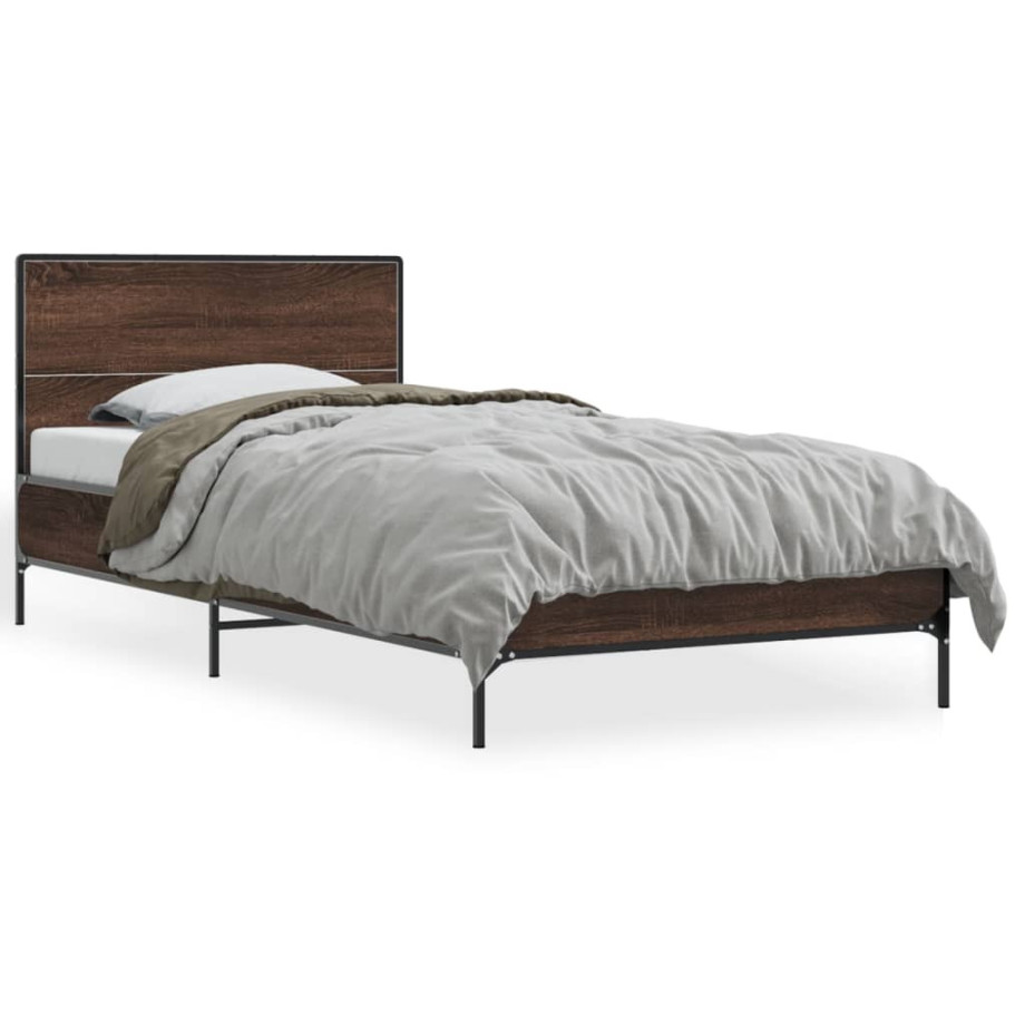 vidaXL Bedframe bewerkt hout en metaal bruin eikenkleurig 90x200 cm afbeelding 1