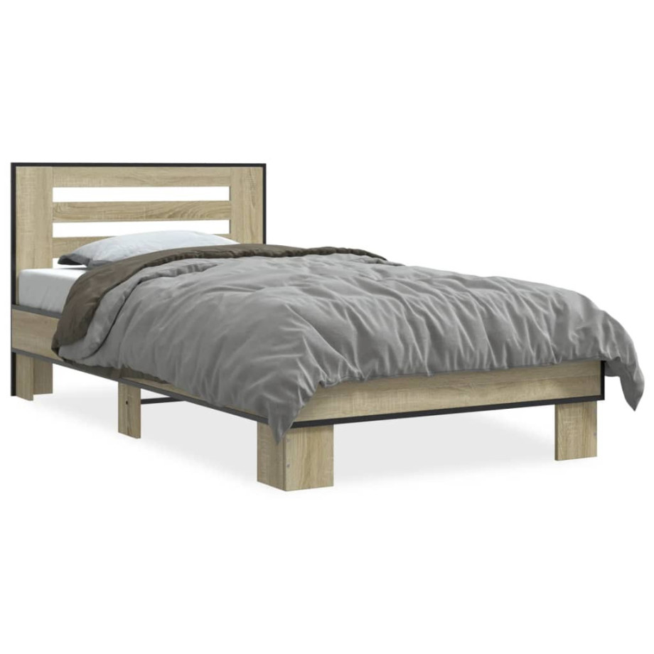 vidaXL Bedframe bewerkt hout en metaal sonoma eikenkleurig 90x200 cm afbeelding 1