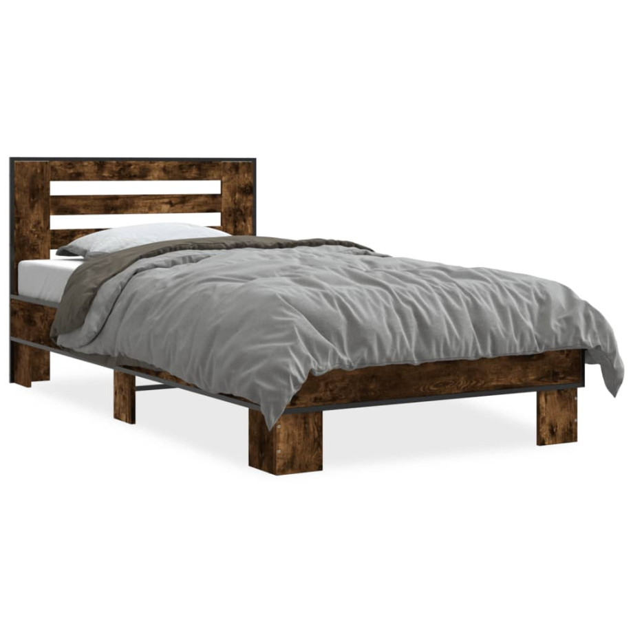 vidaXL Bedframe bewerkt hout en metaal gerookt eikenkleurig 90x200 cm afbeelding 1