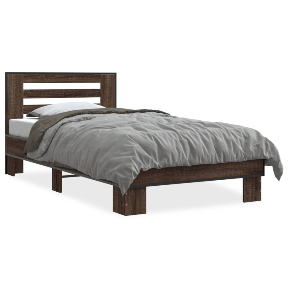 vidaXL Bedframe bewerkt hout en metaal bruin eikenkleurig 90x200 cm afbeelding 1