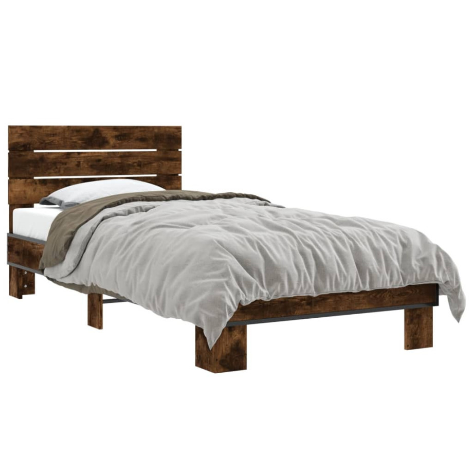 vidaXL Bedframe bewerkt hout en metaal gerookt eikenkleurig 90x200 cm afbeelding 1