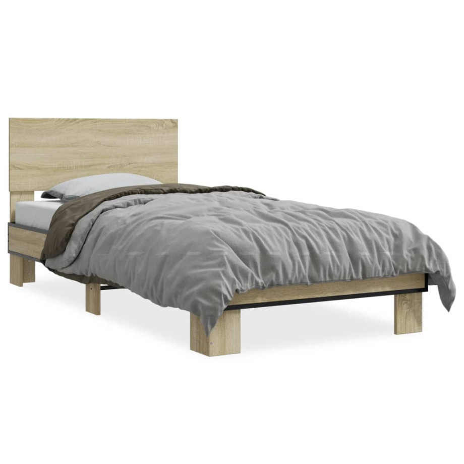 vidaXL Bedframe bewerkt hout en metaal sonoma eikenkleurig 90x200 cm afbeelding 1