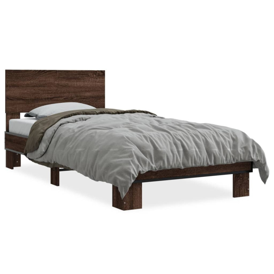 vidaXL Bedframe bewerkt hout en metaal bruin eikenkleurig 90x200 cm afbeelding 1