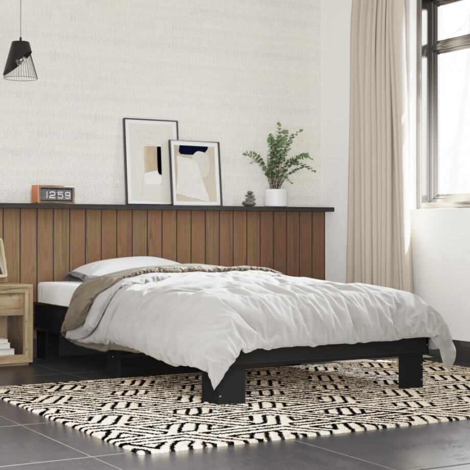 vidaXL Bedframe bewerkt hout en metaal zwart 90x190 cm afbeelding 1