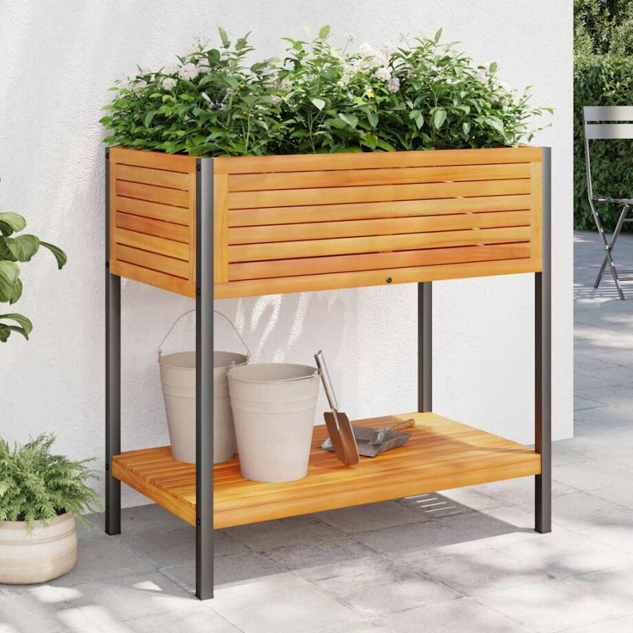 vidaXL Plantenbak met schap 80x45x80 cm massief acaciahout en staal afbeelding 1