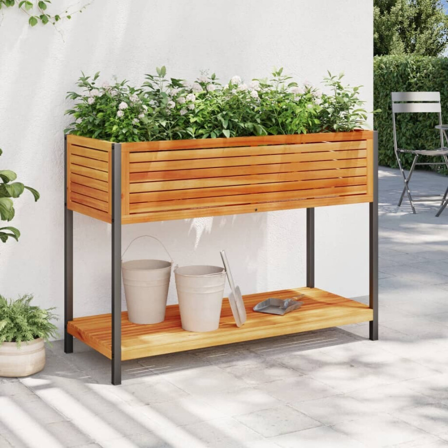 vidaXL Plantenbak met schap 110x45x80 cm massief acaciahout en staal afbeelding 1
