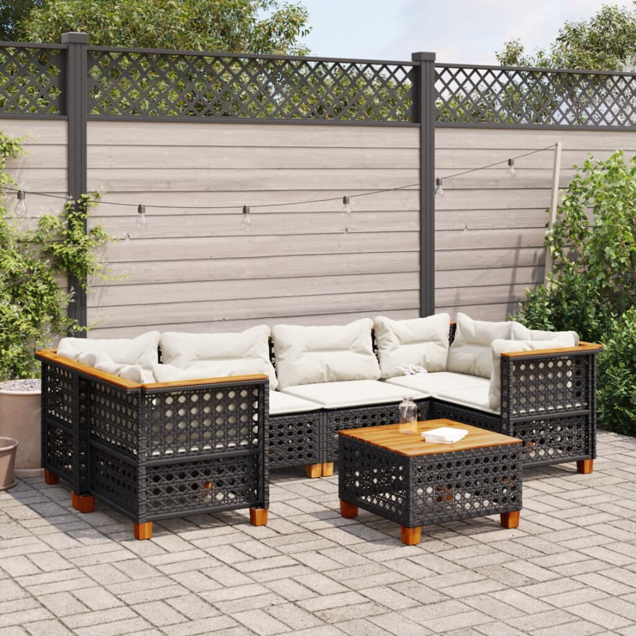 vidaXL 7-delige Loungeset met kussens poly rattan zwart vidaXL 7-delige Loungeset met kussens poly rattan zwart afbeelding 1