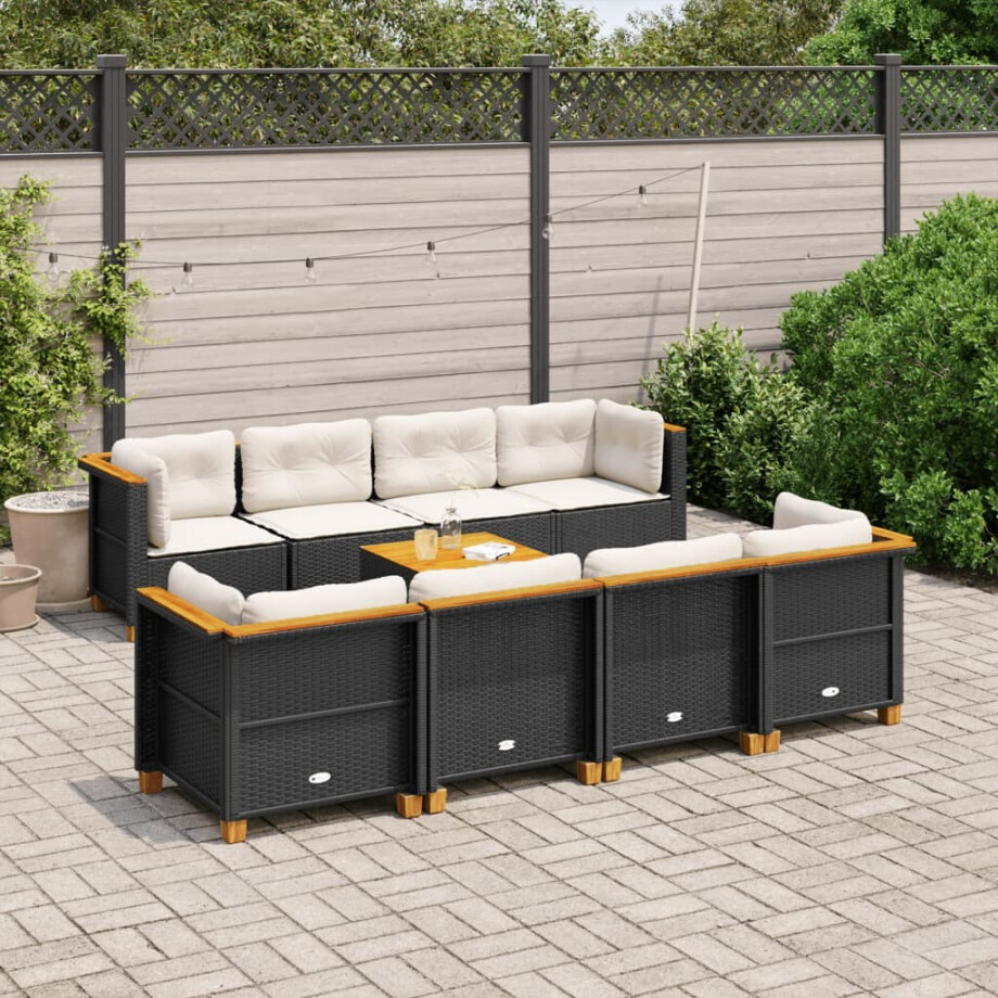vidaXL 9-delige Loungeset met kussens poly rattan zwart afbeelding 1