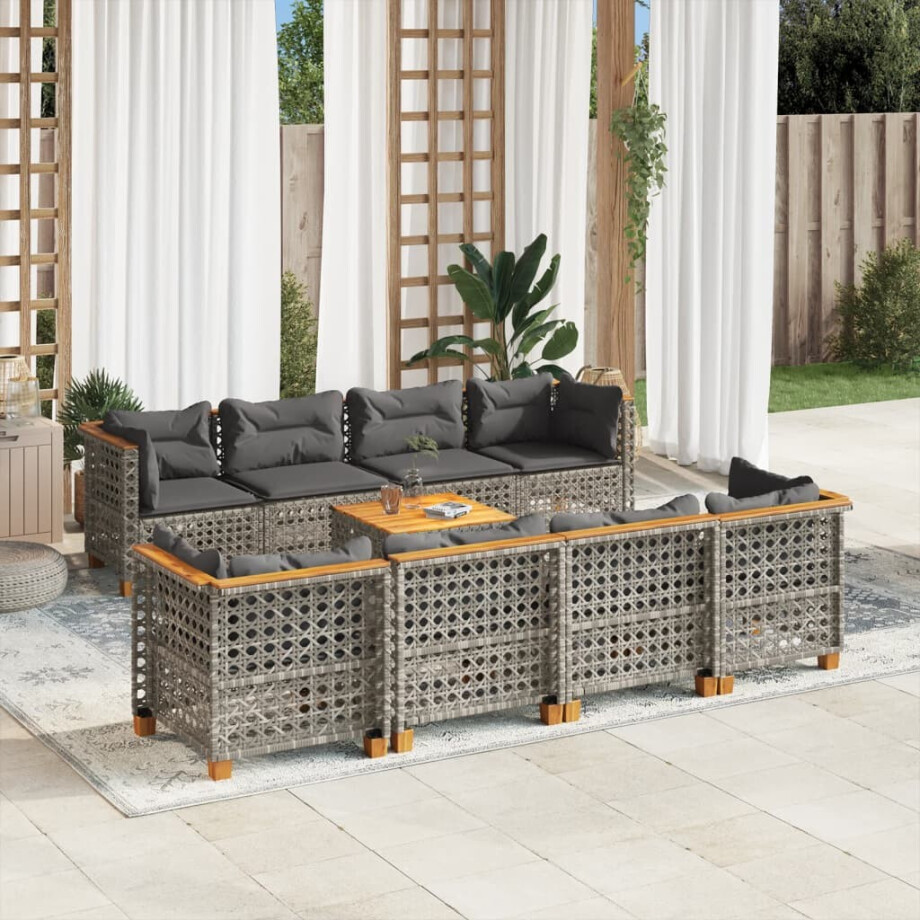 vidaXL 9-delige Loungeset met kussens poly rattan grijs afbeelding 1