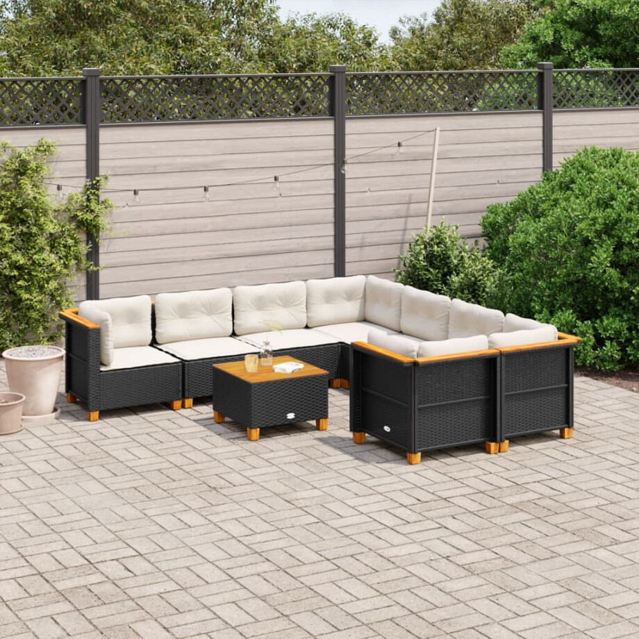 vidaXL 9-delige Loungeset met kussens poly rattan zwart afbeelding 1