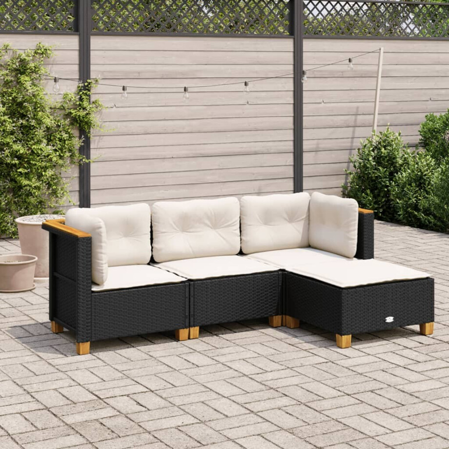 vidaXL 4-delige Loungeset met kussens poly rattan zwart afbeelding 1