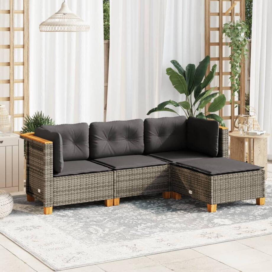 vidaXL 4-delige Loungeset met kussens poly rattan grijs afbeelding 1
