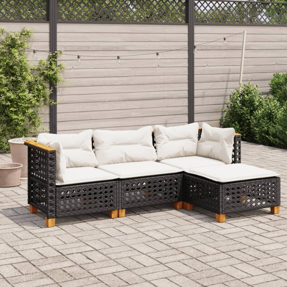 vidaXL 4-delige Loungeset met kussens poly rattan zwart afbeelding 1