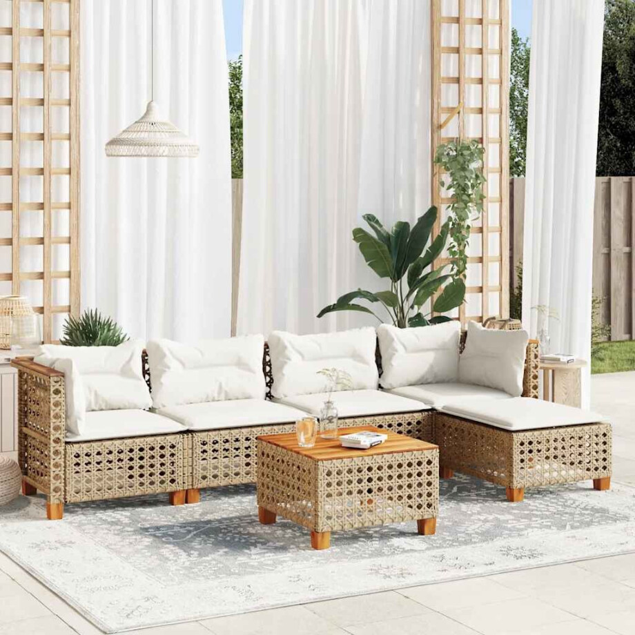 vidaXL 6-delige Loungeset met kussens poly rattan beige vidaXL 6-delige Loungeset met kussens poly rattan beige afbeelding 1