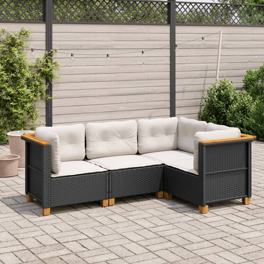 vidaXL 4-delige Loungeset met kussens poly rattan zwart afbeelding 1