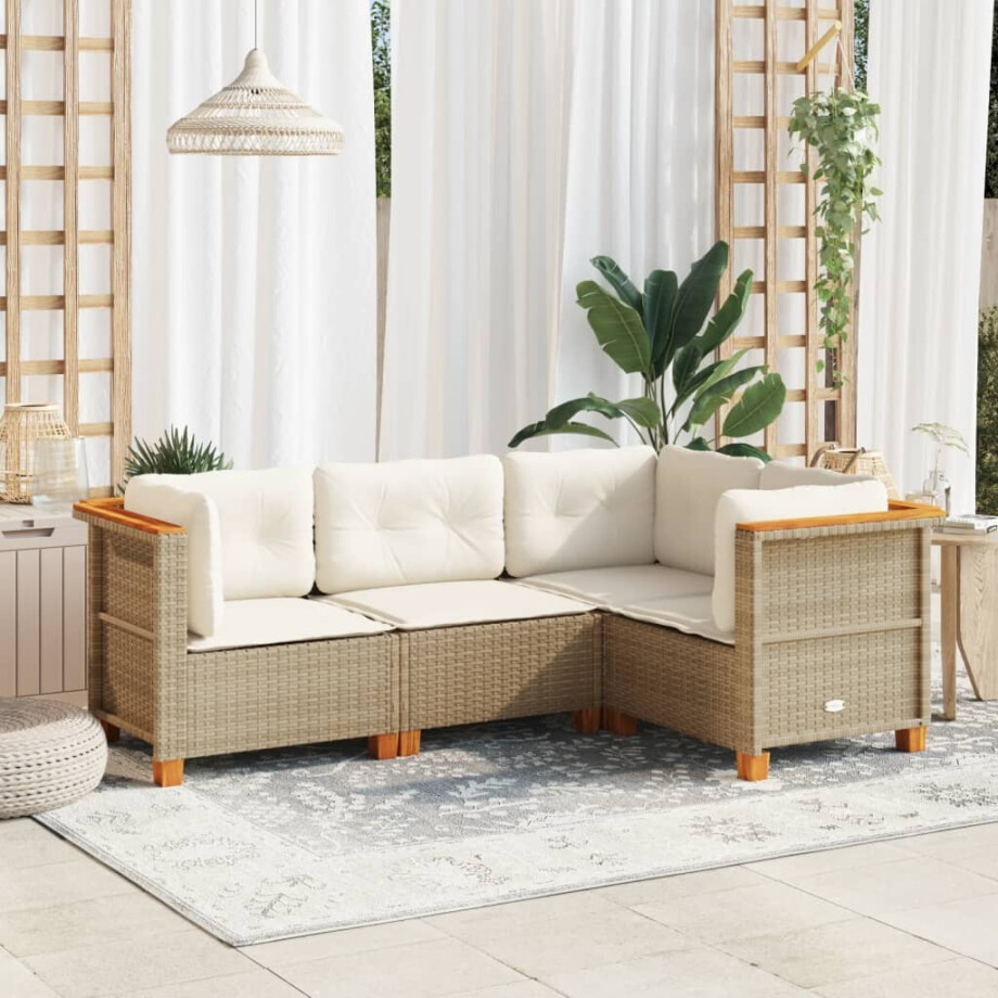 vidaXL 4-delige Loungeset met kussens poly rattan beige afbeelding 1