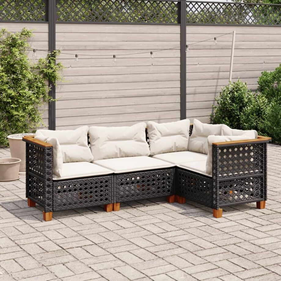 vidaXL 4-delige Loungeset met kussens poly rattan zwart afbeelding 1