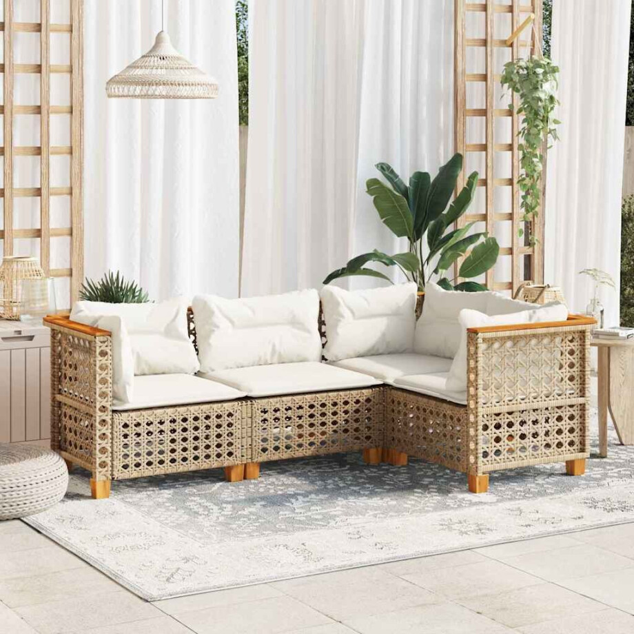 vidaXL 4-delige Loungeset met kussens poly rattan beige afbeelding 1
