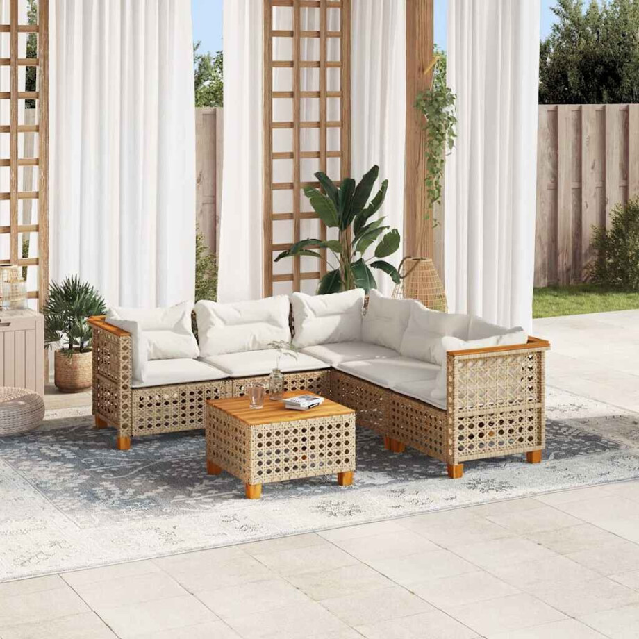 vidaXL 6-delige Loungeset met kussens poly rattan beige afbeelding 1