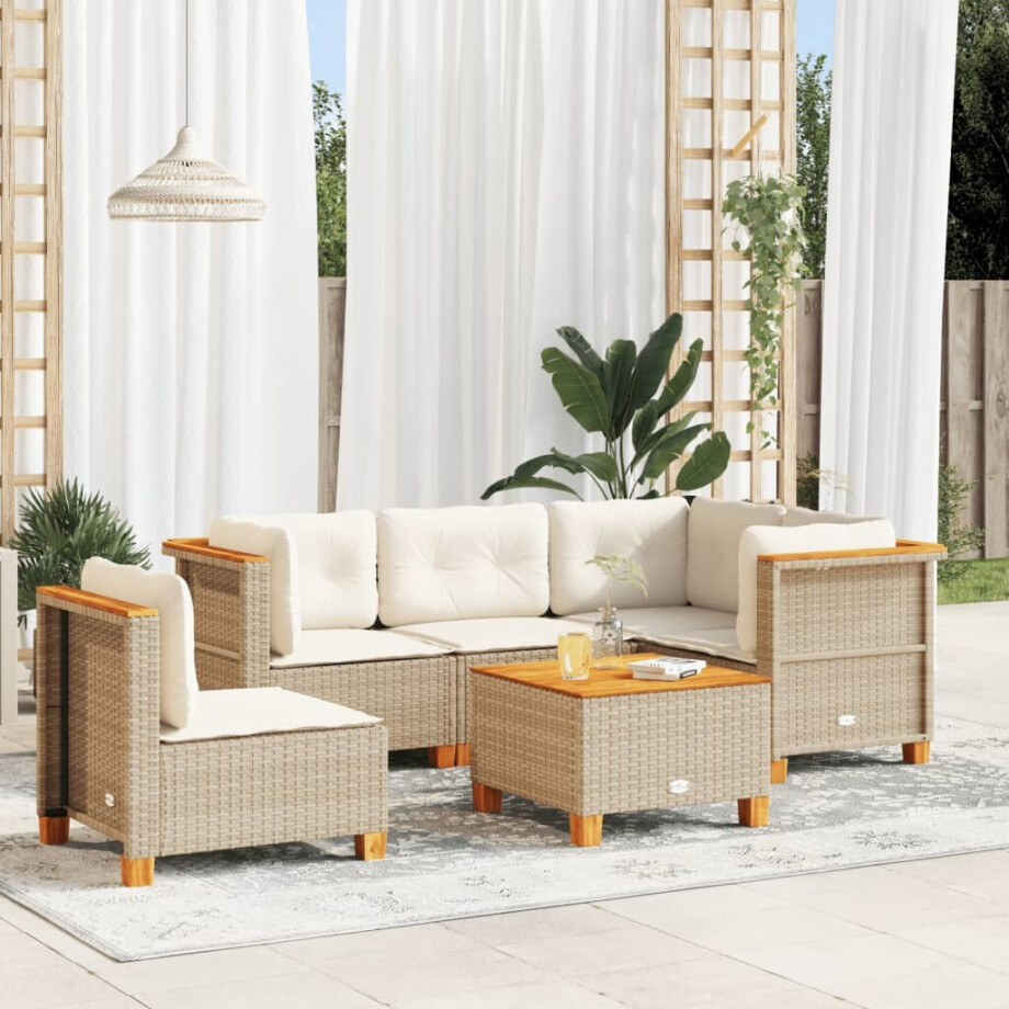 vidaXL 6-delige Loungeset met kussens poly rattan beige afbeelding 1