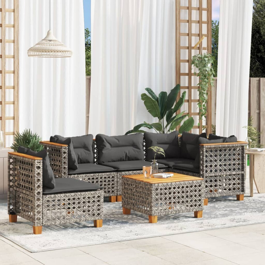 vidaXL 6-delige Loungeset met kussens poly rattan grijs afbeelding 1