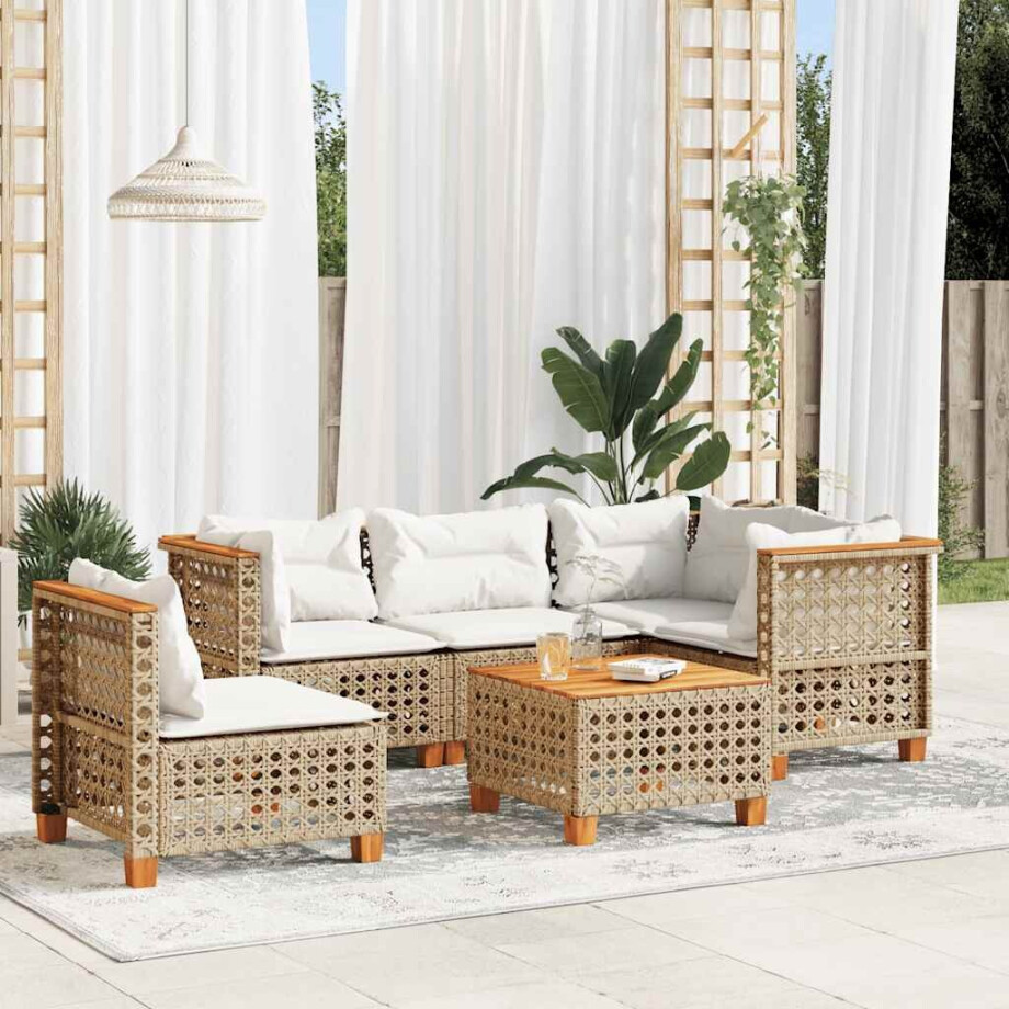 vidaXL 6-delige Loungeset met kussens poly rattan beige afbeelding 1