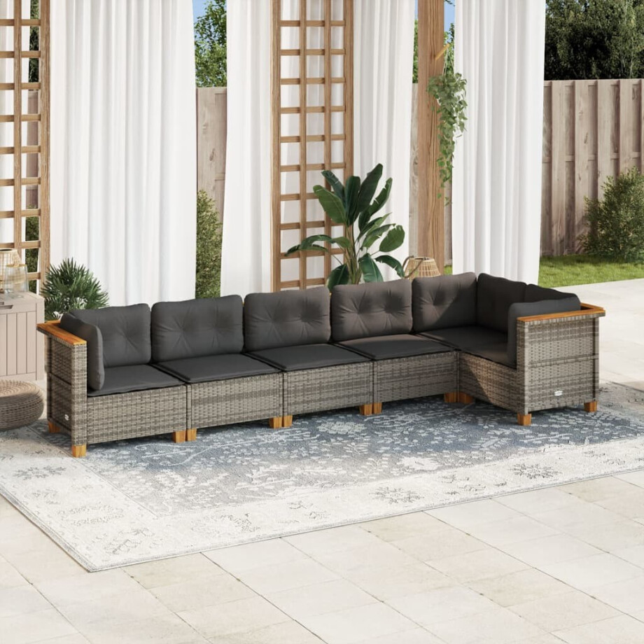 vidaXL 6-delige Loungeset met kussens poly rattan grijs afbeelding 1