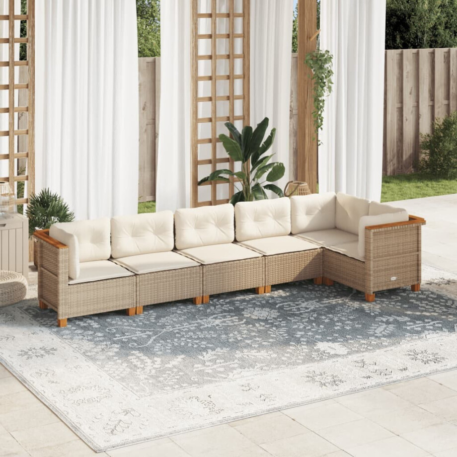 vidaXL 6-delige Loungeset met kussens poly rattan beige afbeelding 1