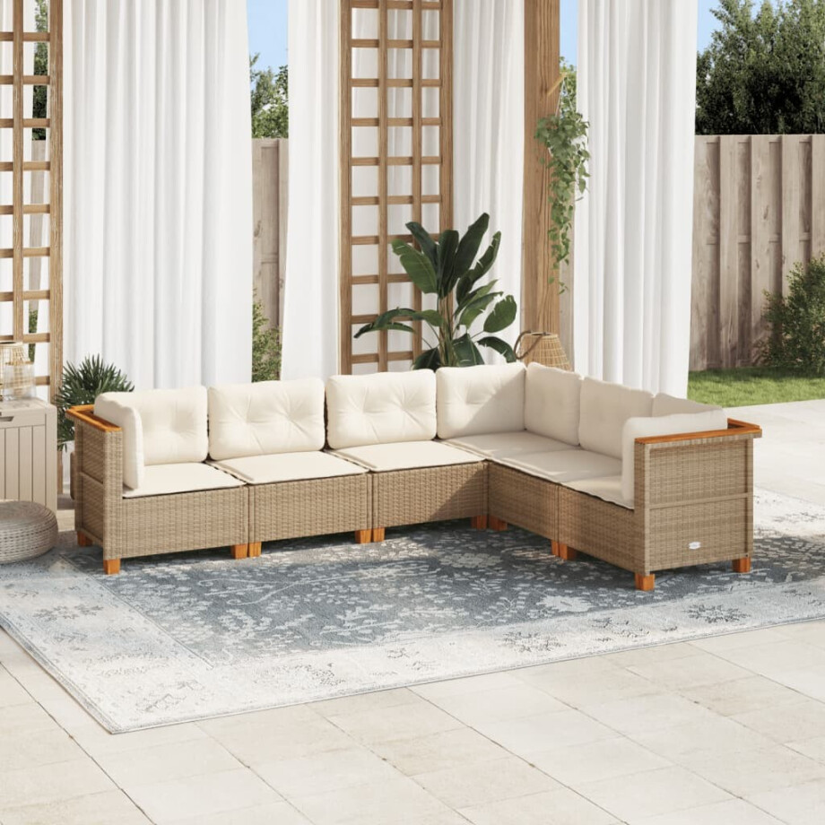vidaXL 6-delige Loungeset met kussens poly rattan beige afbeelding 1