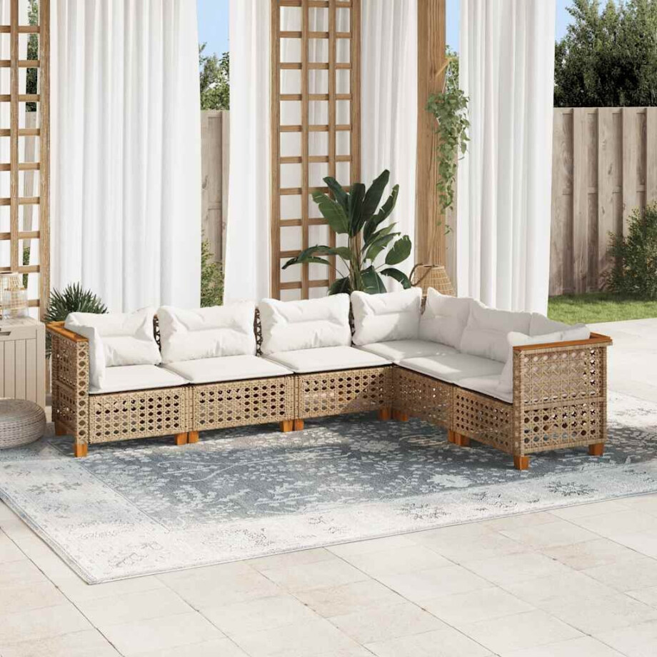 vidaXL 6-delige Loungeset met kussens poly rattan beige afbeelding 1