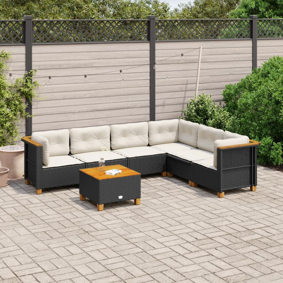 vidaXL 7-delige Loungeset met kussens poly rattan zwart afbeelding 1
