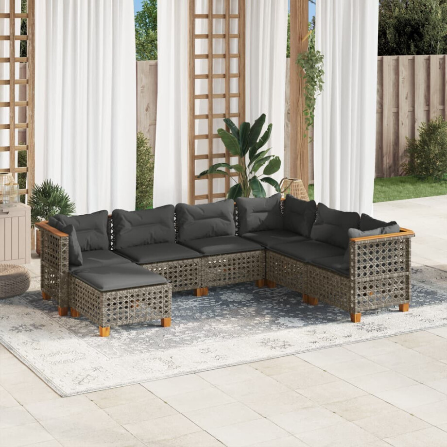 vidaXL 7-delige Loungeset met kussens poly rattan grijs afbeelding 1