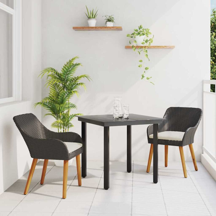 vidaXL Tuin eettafelset met kussen 3 pcs Zwart poly rattan afbeelding 1