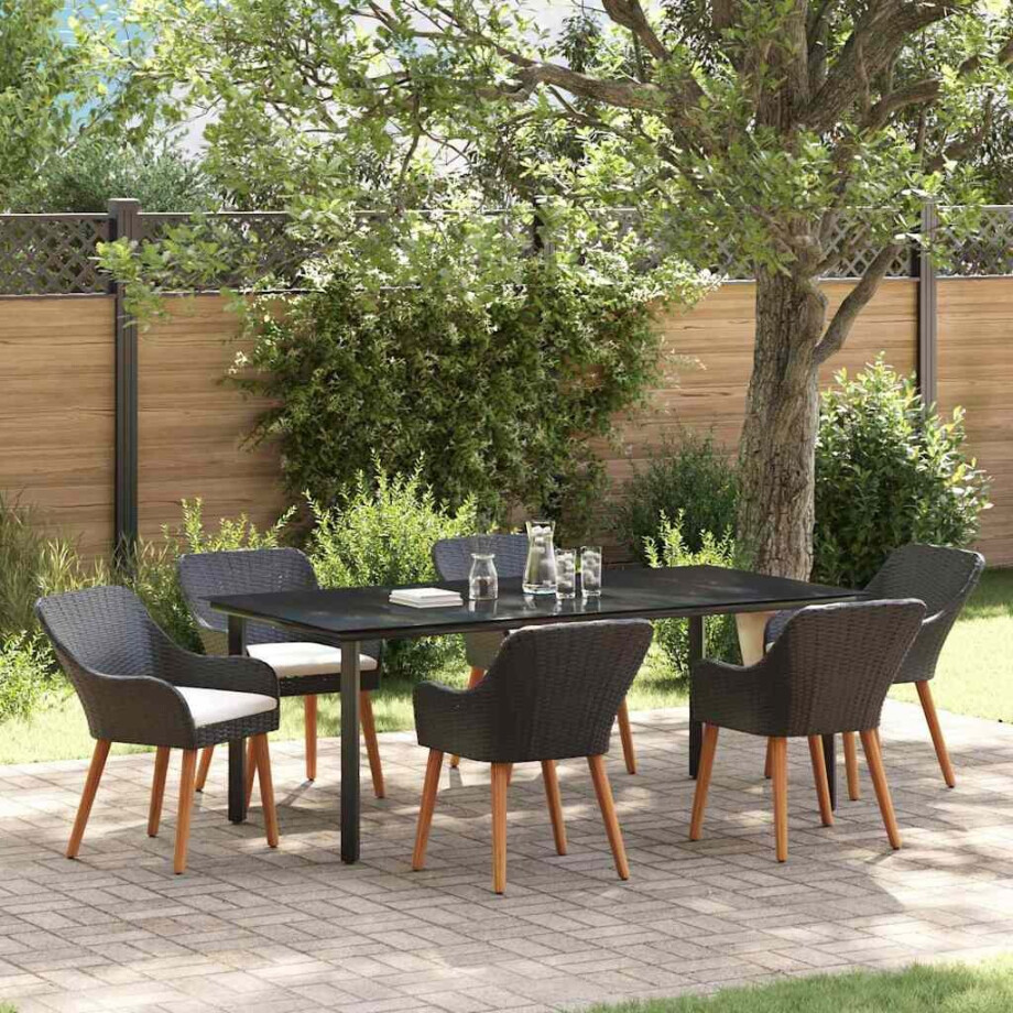 vidaXL Tuin eettafelset met kussen 7 pcs Zwart poly rattan afbeelding 1