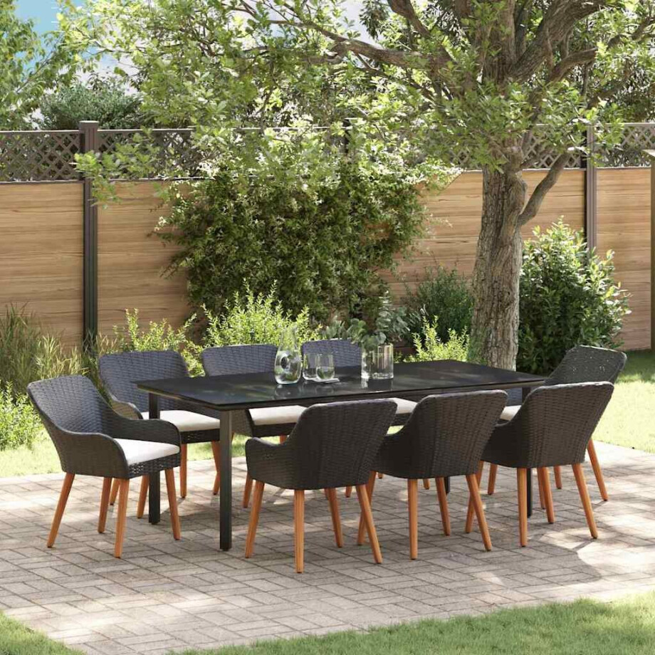 vidaXL Tuin eettafelset met kussen 9 pcs Zwart poly rattan afbeelding 1