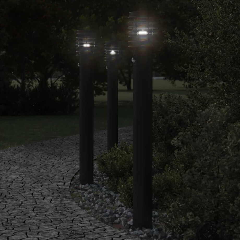 vidaXL Buitenvloerlampen 3 st met sensors 110 cm roestvrijstaal zwart afbeelding 1