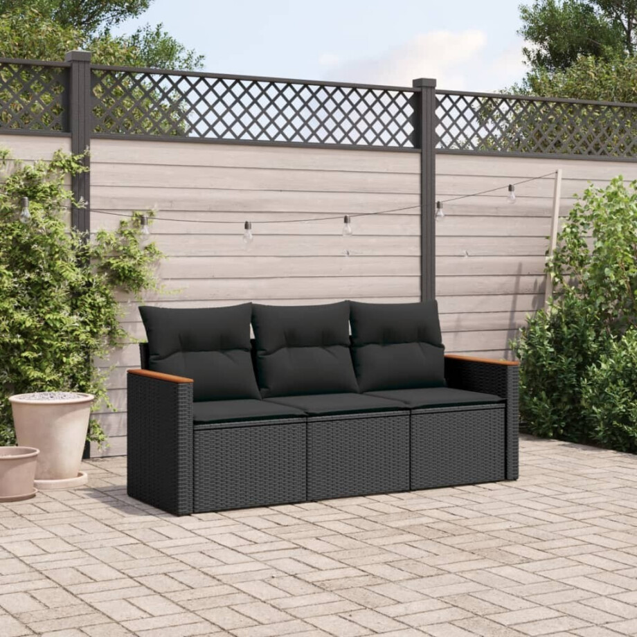 vidaXL 3-delige Loungeset met kussens poly rattan zwart afbeelding 1