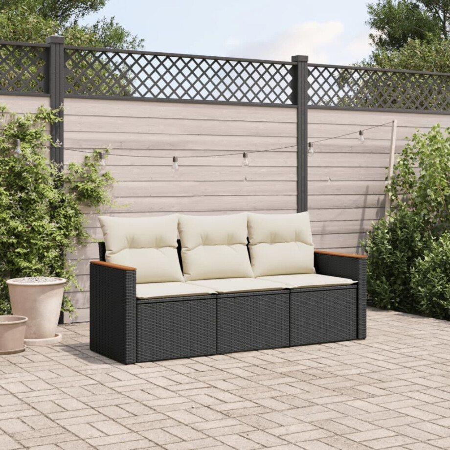 vidaXL 3-delige Loungeset met kussens poly rattan zwart afbeelding 1