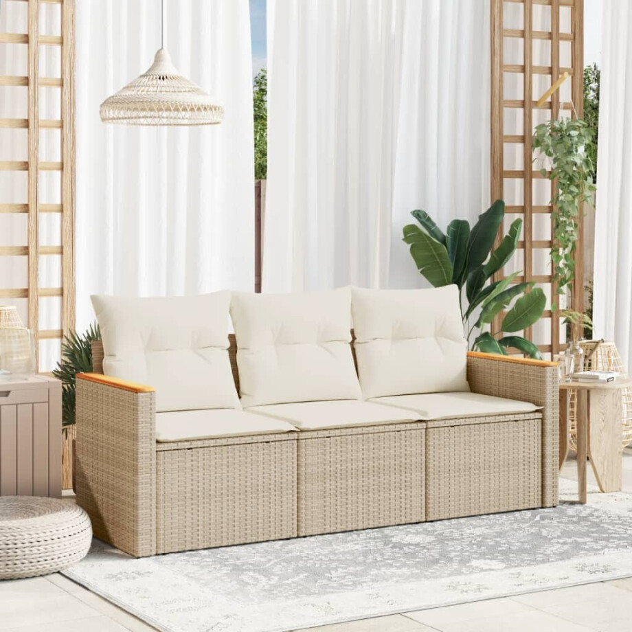 vidaXL 3-delige Loungeset met kussens poly rattan beige afbeelding 1