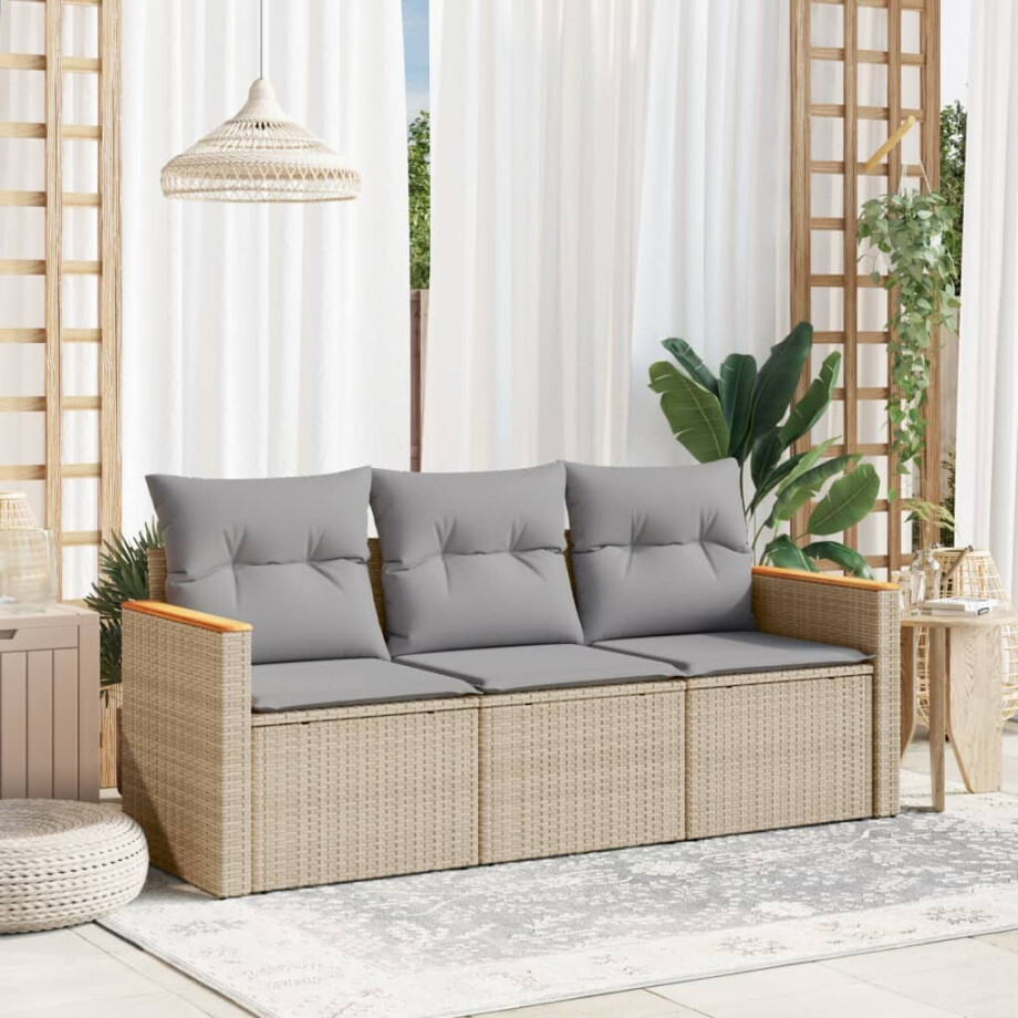 vidaXL 3-delige Loungeset met kussens poly rattan beige afbeelding 1