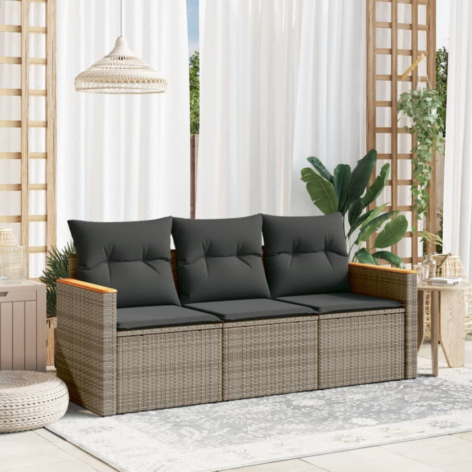 vidaXL 3-delige Loungeset met kussens poly rattan grijs afbeelding 1