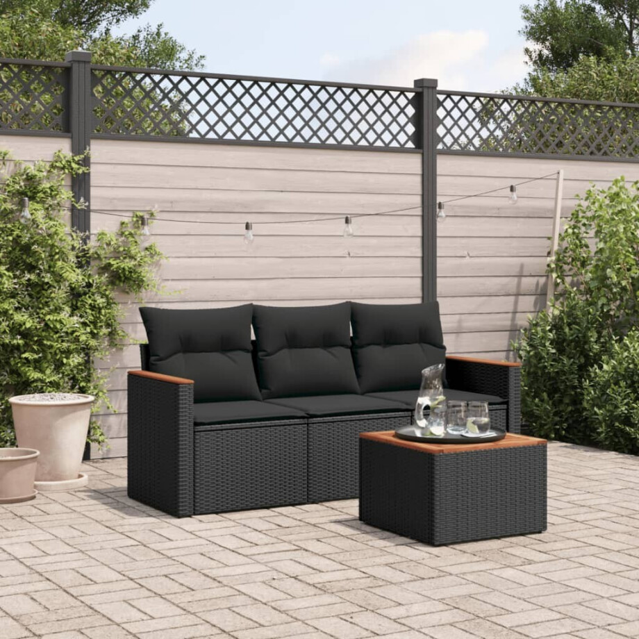 vidaXL 4-delige Loungeset met kussens poly rattan zwart afbeelding 1