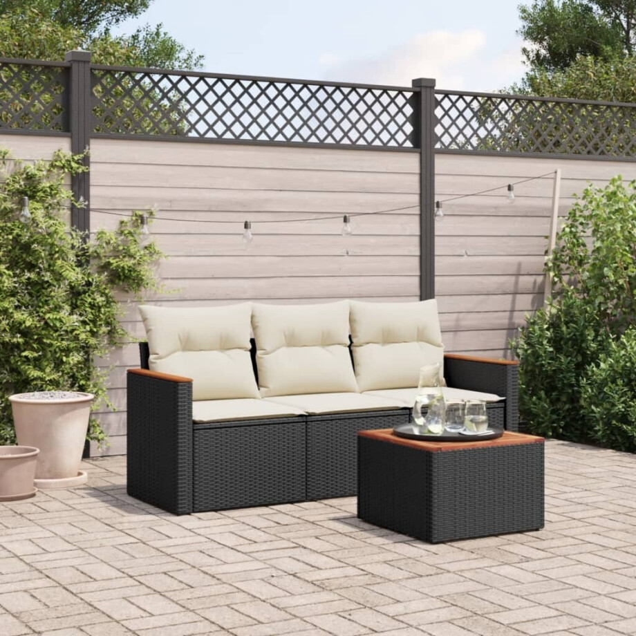vidaXL 4-delige Loungeset met kussens poly rattan zwart afbeelding 1