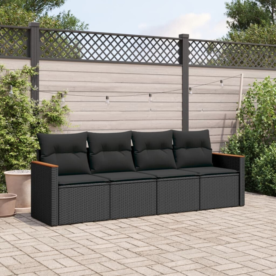 vidaXL 4-delige Loungeset met kussens poly rattan zwart afbeelding 1