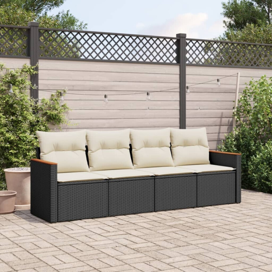 vidaXL 4-delige Loungeset met kussens poly rattan zwart afbeelding 1