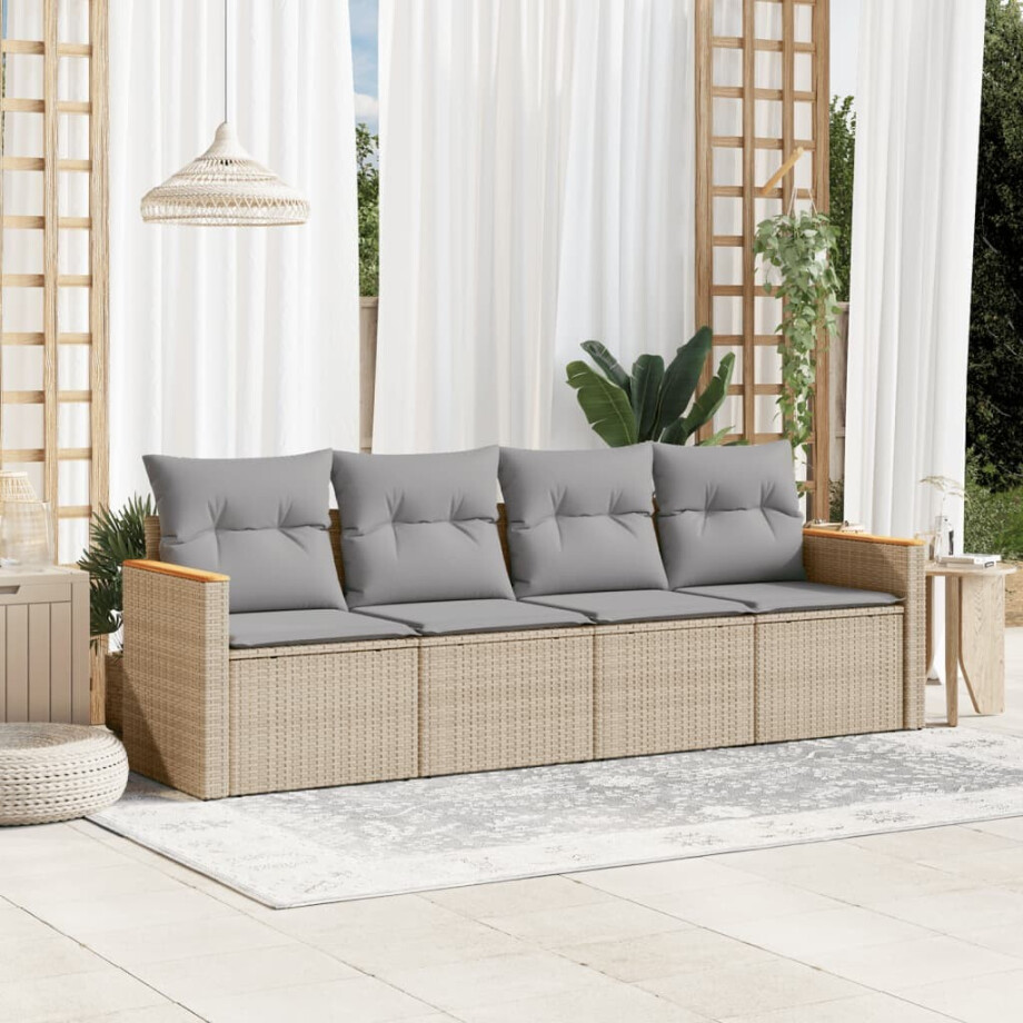 vidaXL 4-delige Loungeset met kussens poly rattan beige vidaXL 4-delige Loungeset met kussens poly rattan beige afbeelding 1