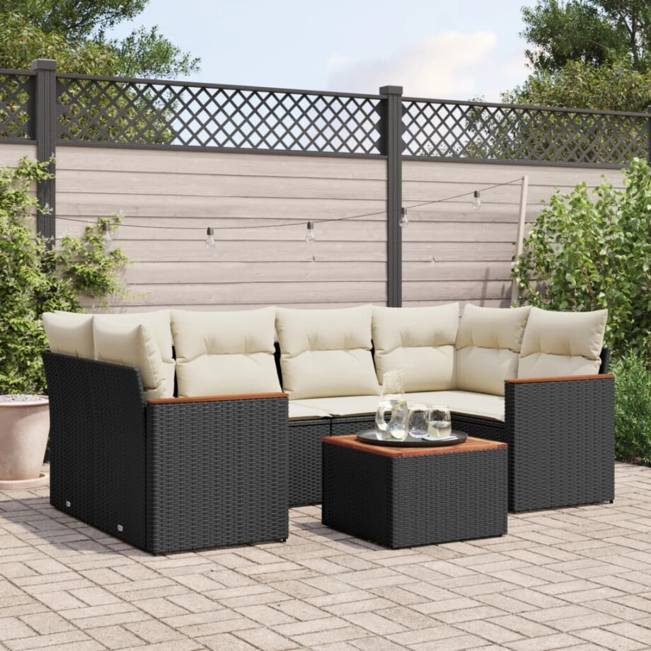 vidaXL 7-delige Loungeset met kussens poly rattan zwart vidaXL 7-delige Loungeset met kussens poly rattan zwart afbeelding 1